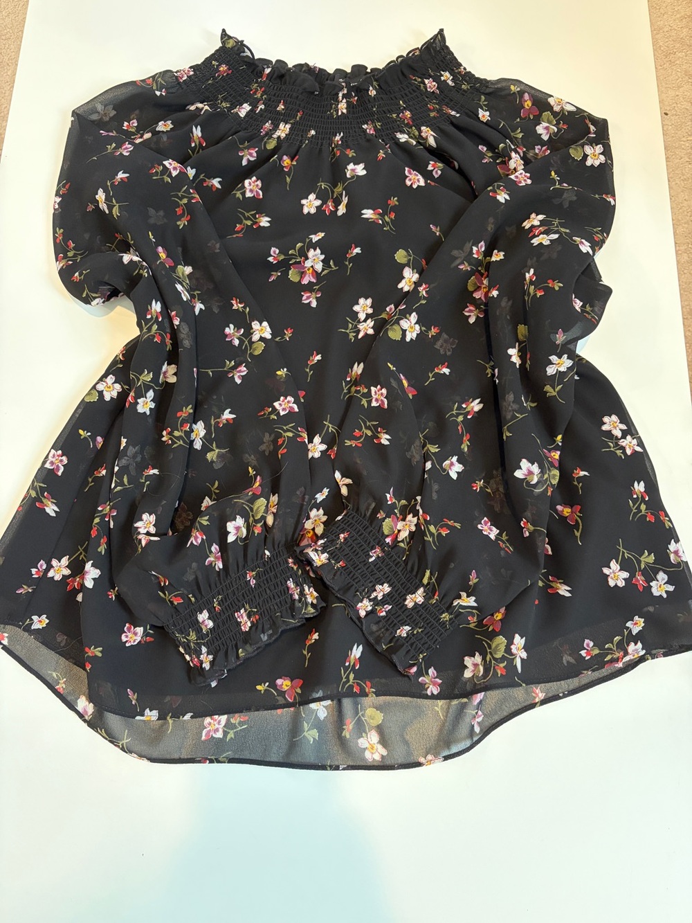 Madewell Black Floral High Neck Smocked Blouse with Red & White Blossoms